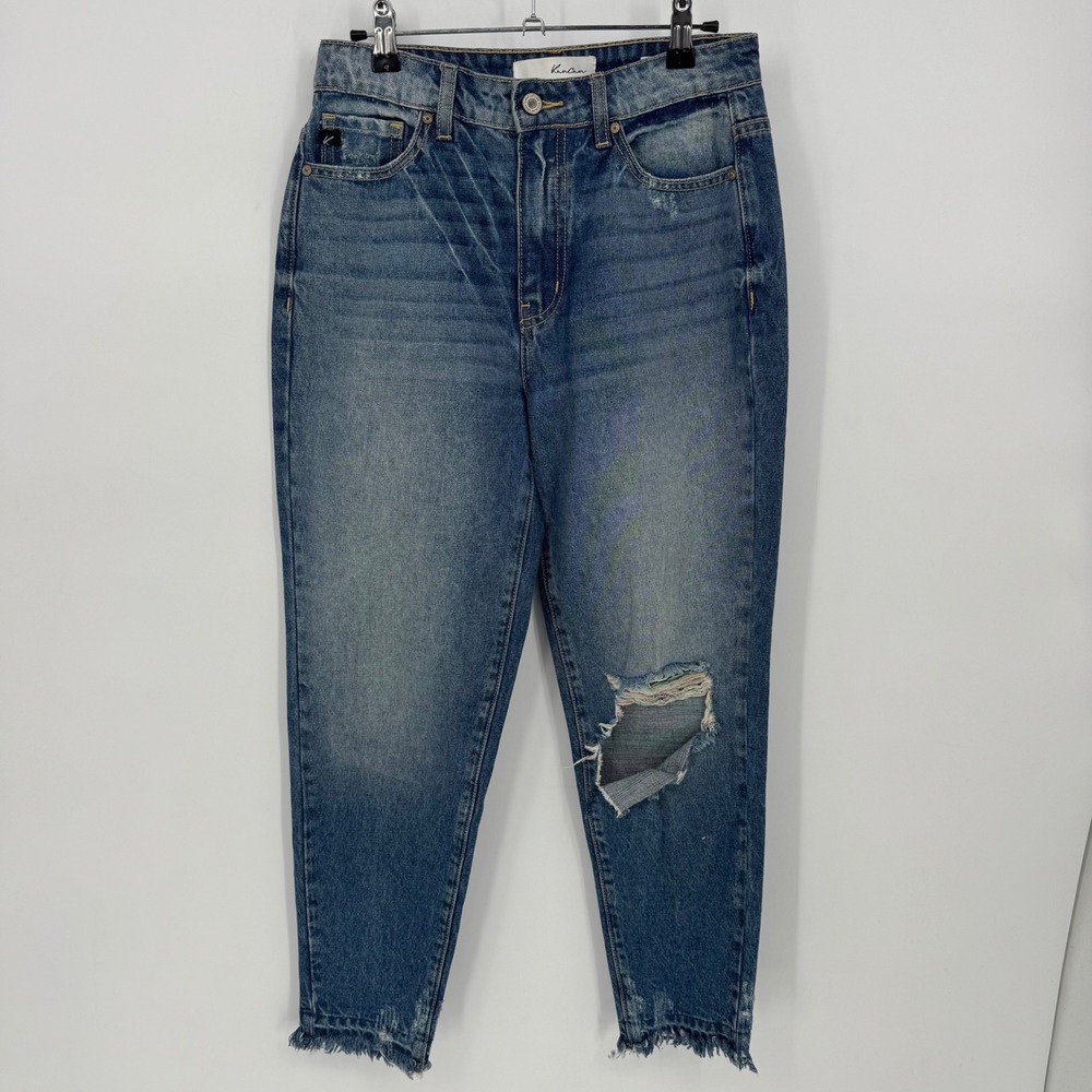 KanCan Jeans Women's Blue Distressed High Rise‎ Straight Leg Frayed Hem size 3